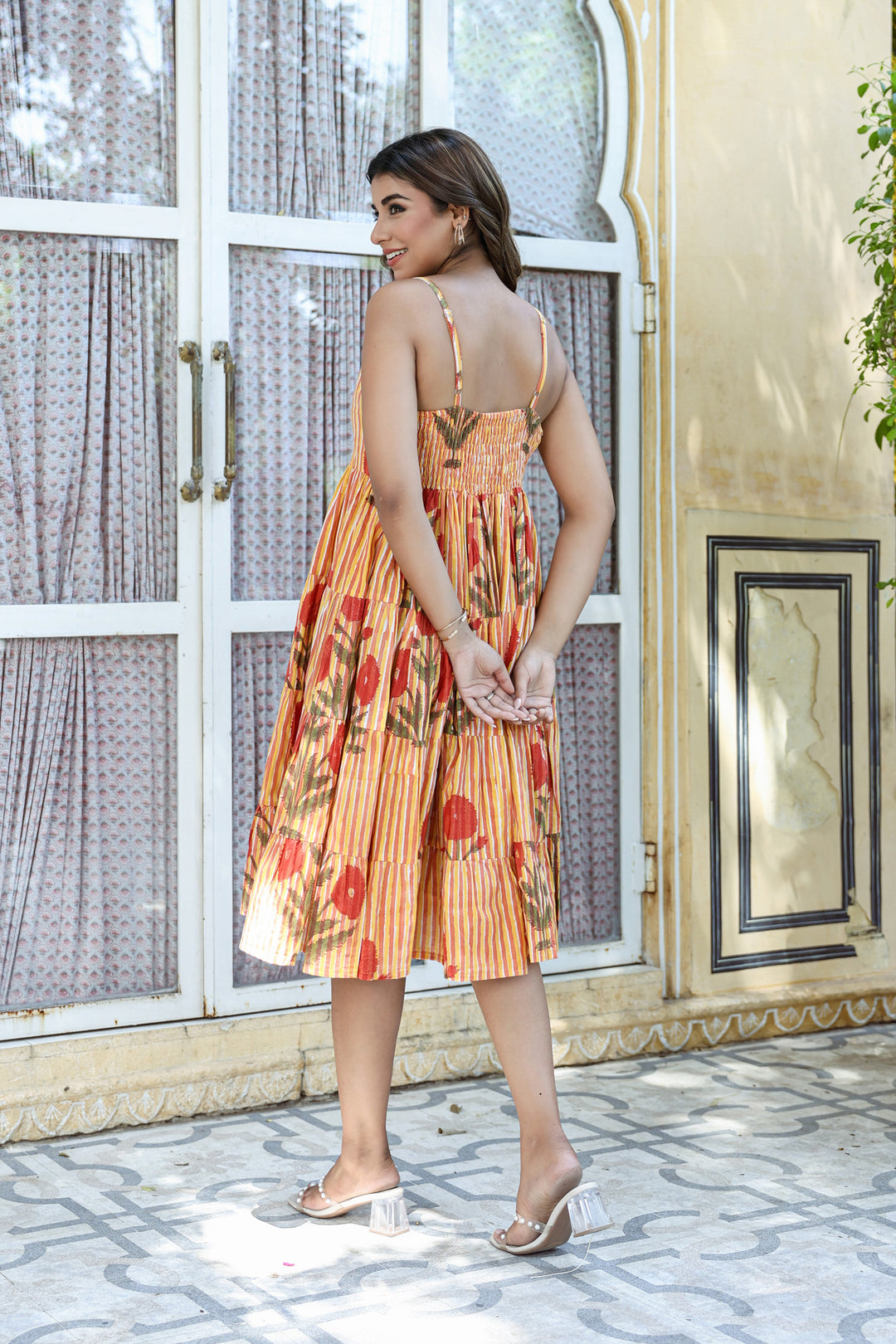 Orange stripe Floral Free Size Dress