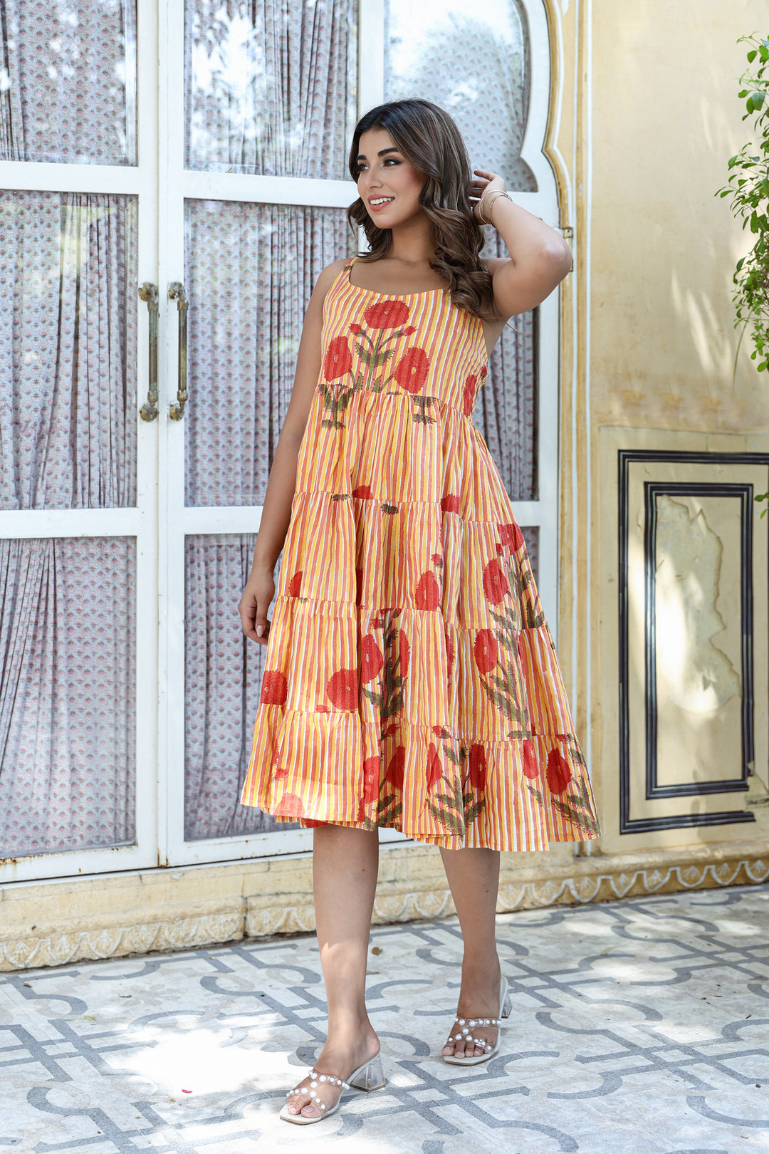 Orange stripe Floral Free Size Dress
