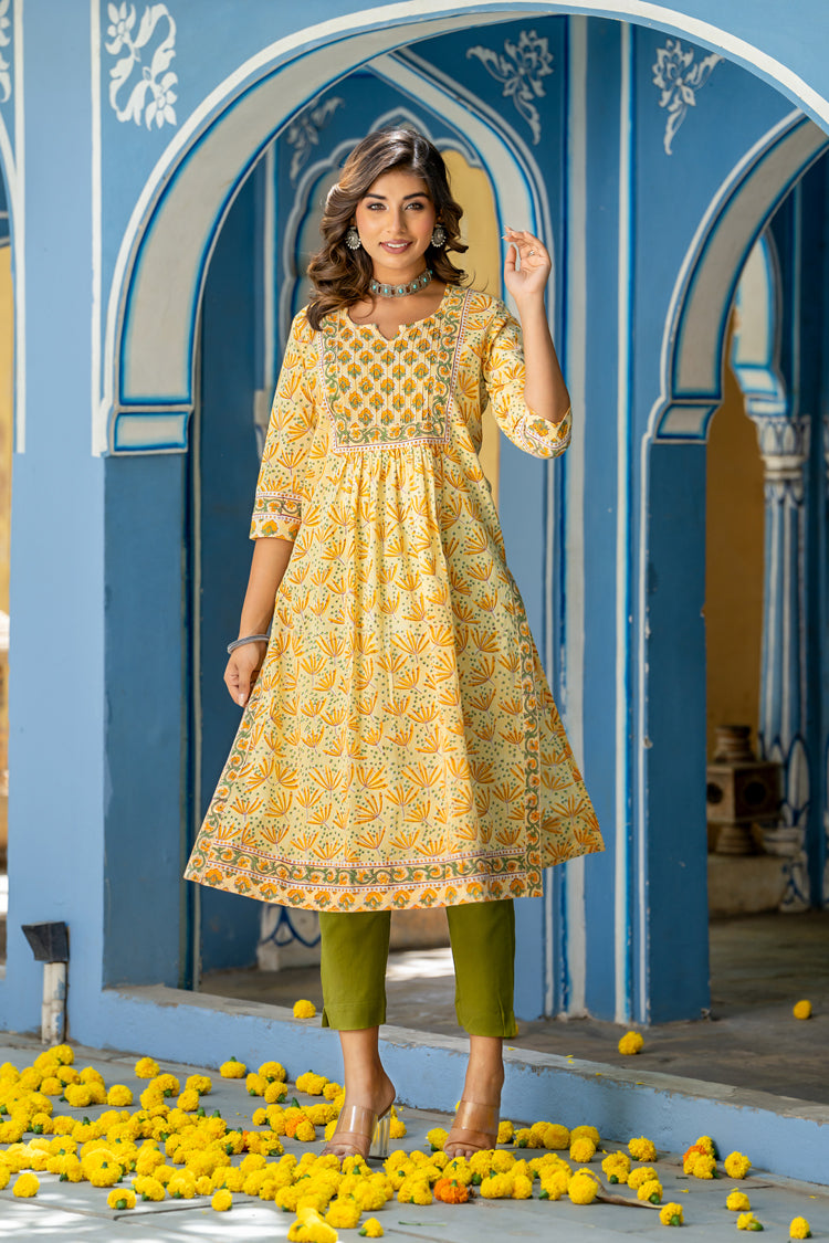 Yellow Buti Floral Pintucks Kurti