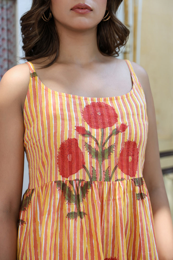 Orange stripe Floral Free Size Dress