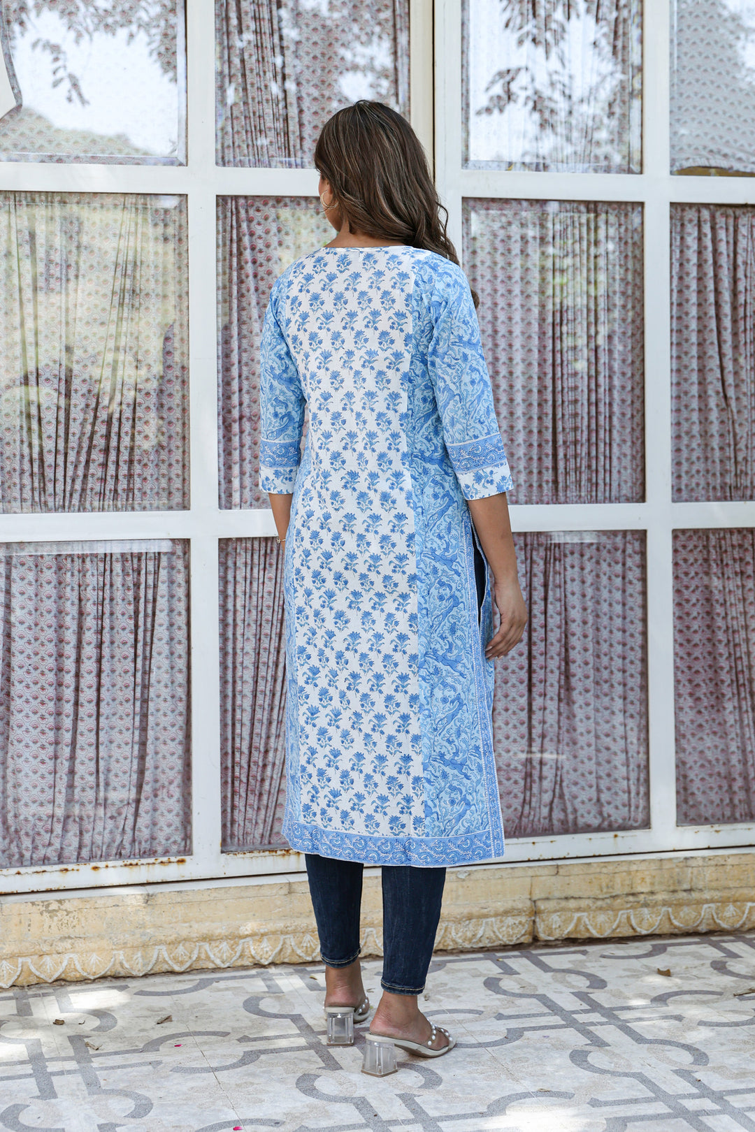 White Blue Floral Pintucks Panel Kurti