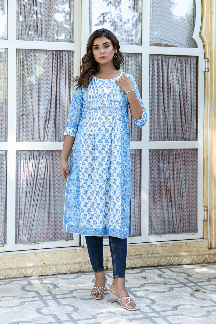White Blue Floral Pintucks Panel Kurti
