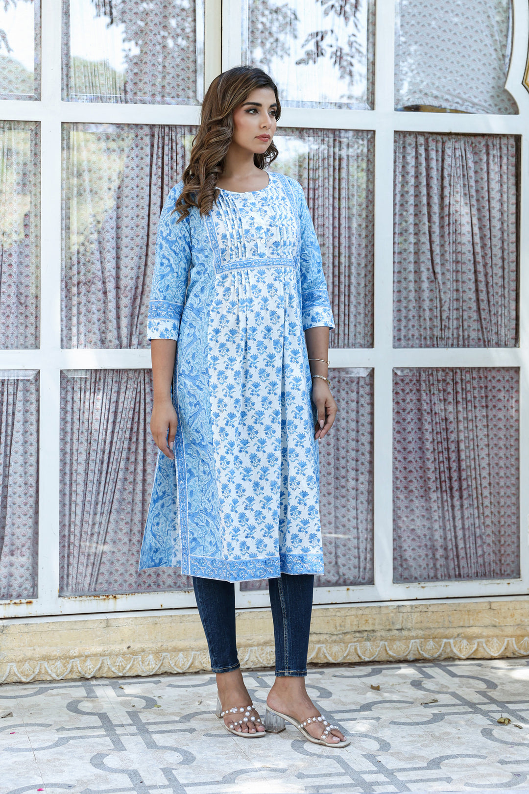 White Blue Floral Pintucks Panel Kurti