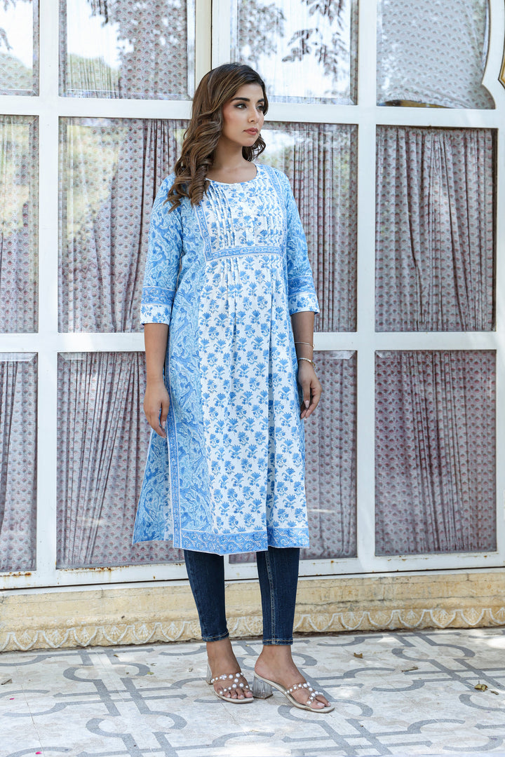 White Blue Floral Pintucks Panel Kurti