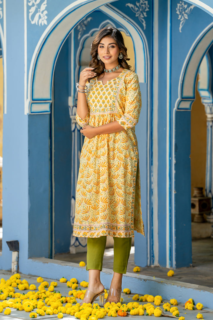 Yellow Buti Floral Pintucks Kurti
