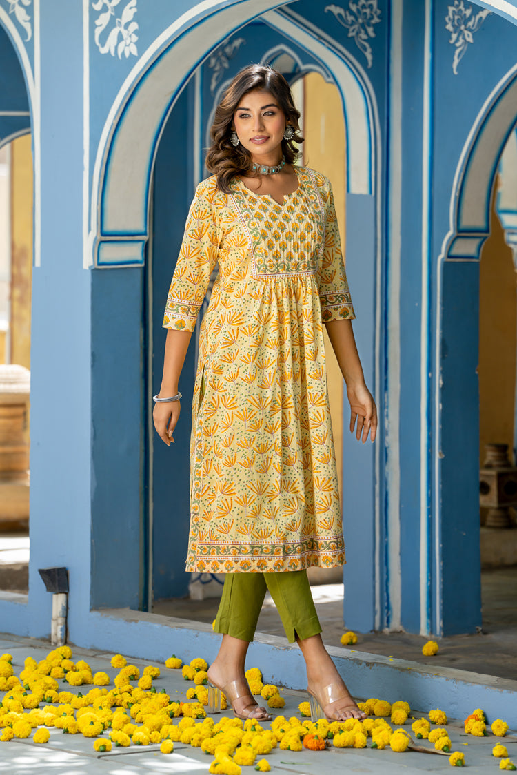 Yellow Buti Floral Pintucks Kurti