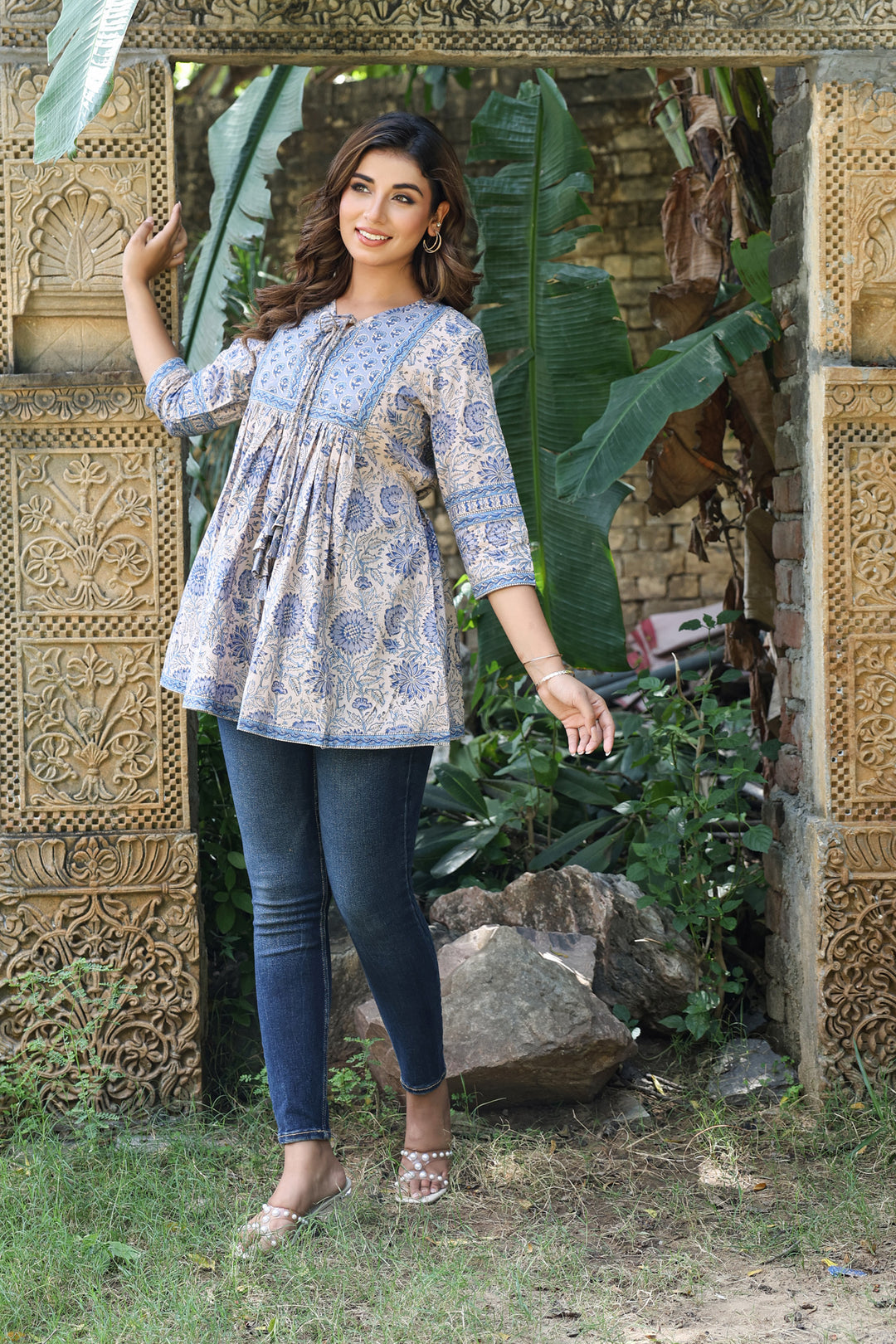 Grey Blue Floral Flare top
