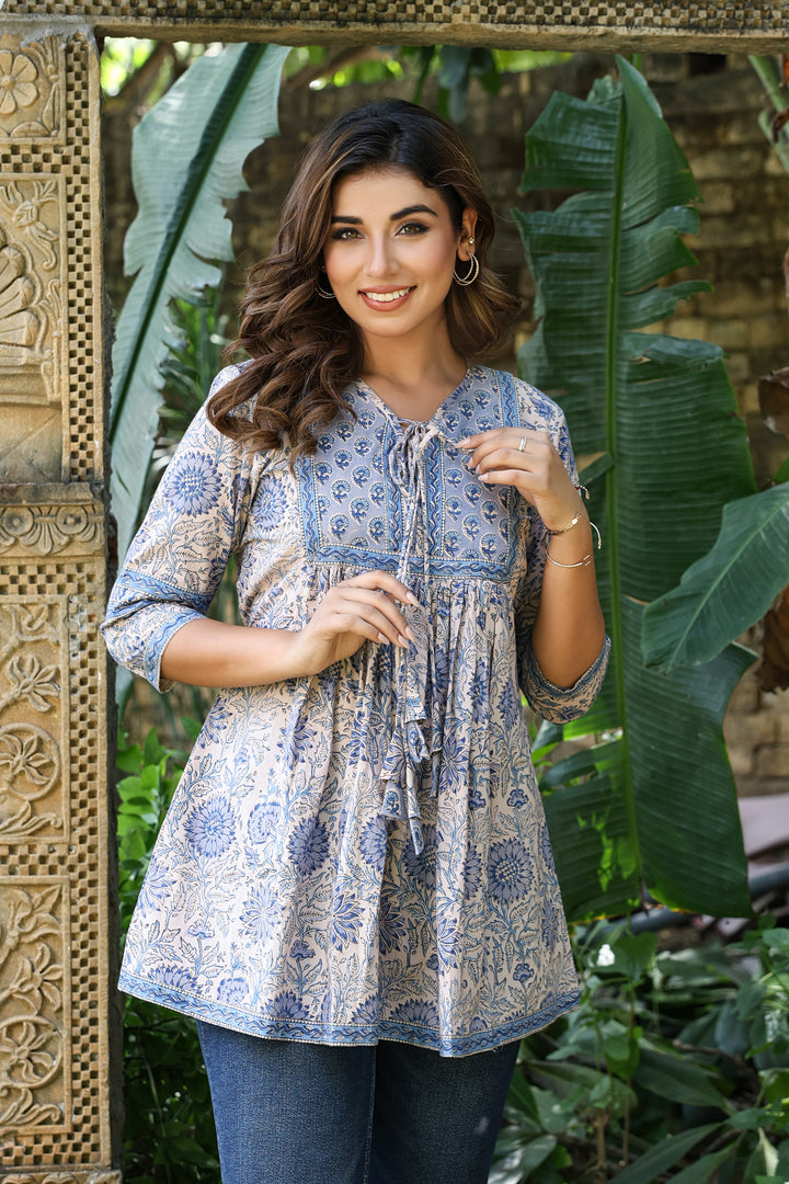 Grey Blue Floral Flare top