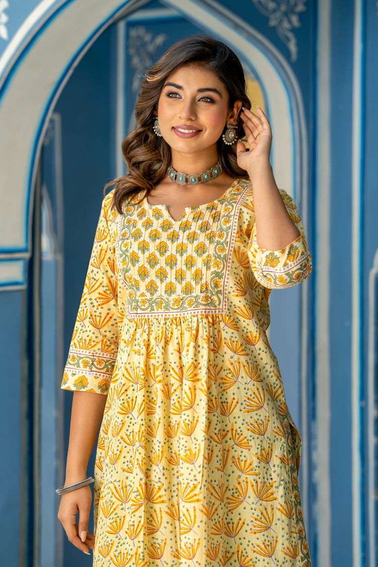 Yellow Buti Floral Pintucks Kurti