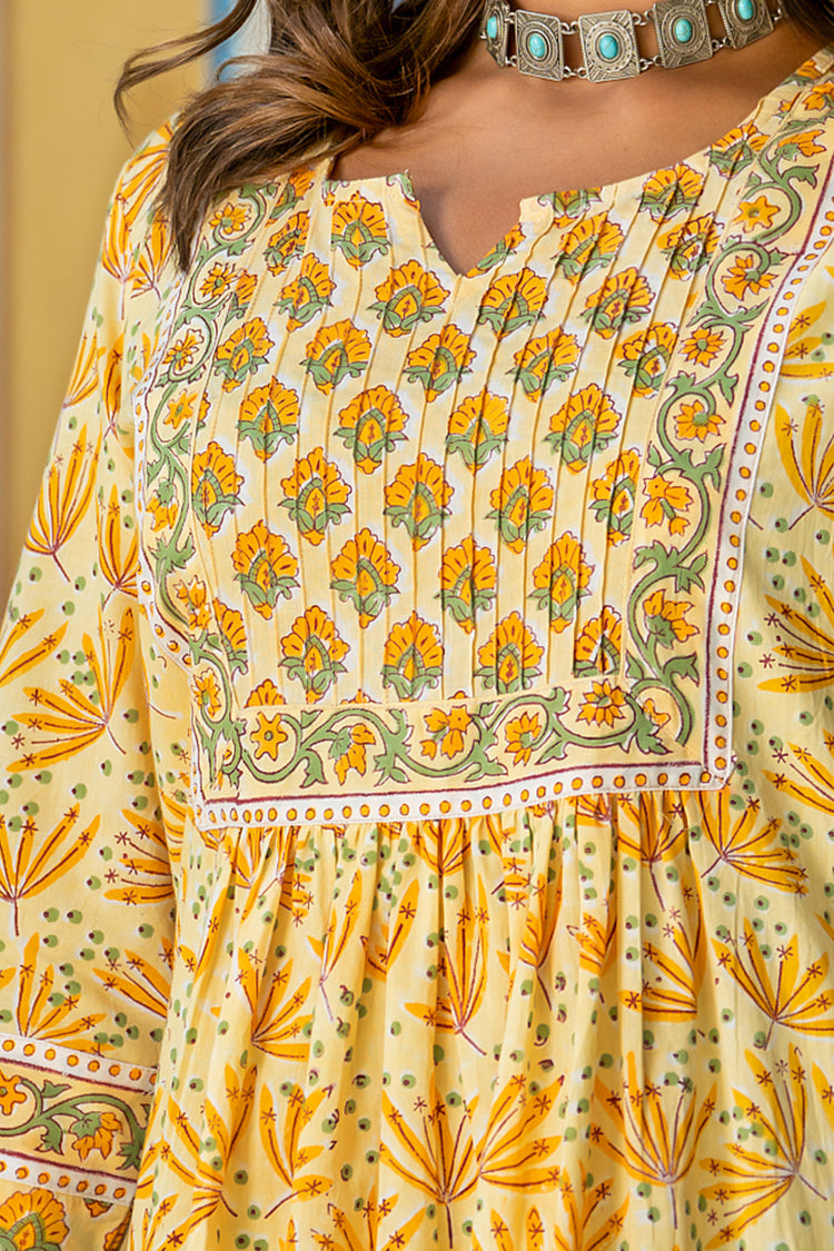 Yellow Buti Floral Pintucks Kurti