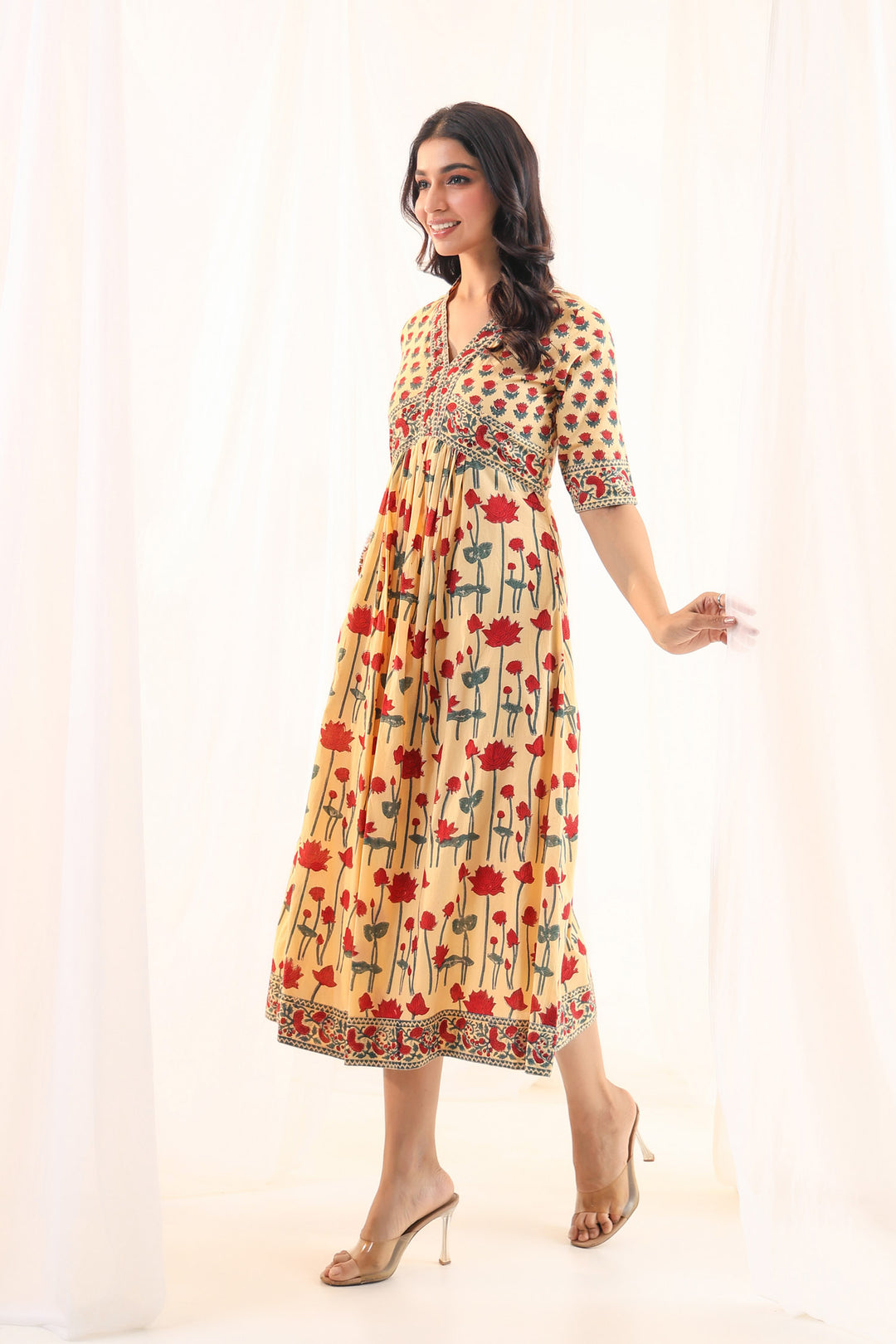 Beige Red Buti Floral Nyra Dress