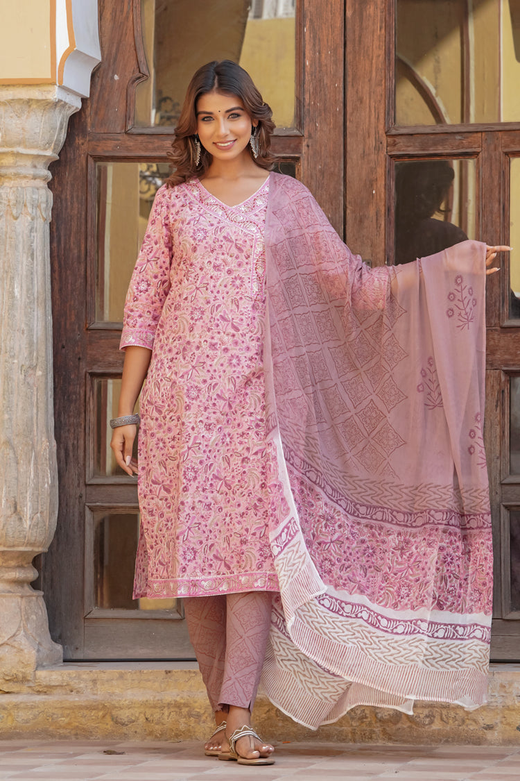 Pastel Pink Floral Angrakha Kurta Set PRINTSVALLEY
