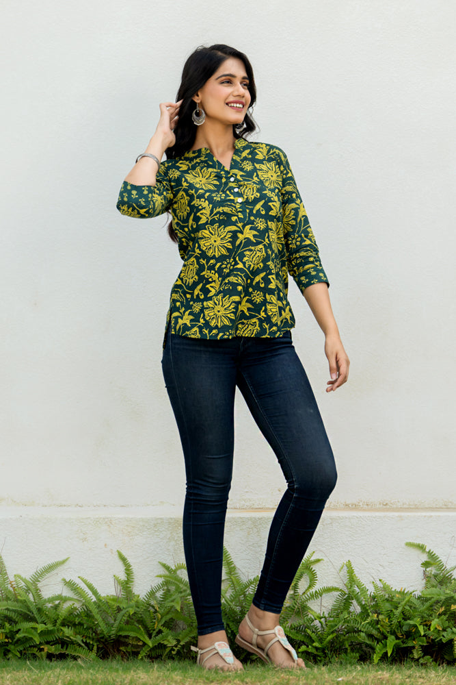 Bottle Green Floral Short Kurta