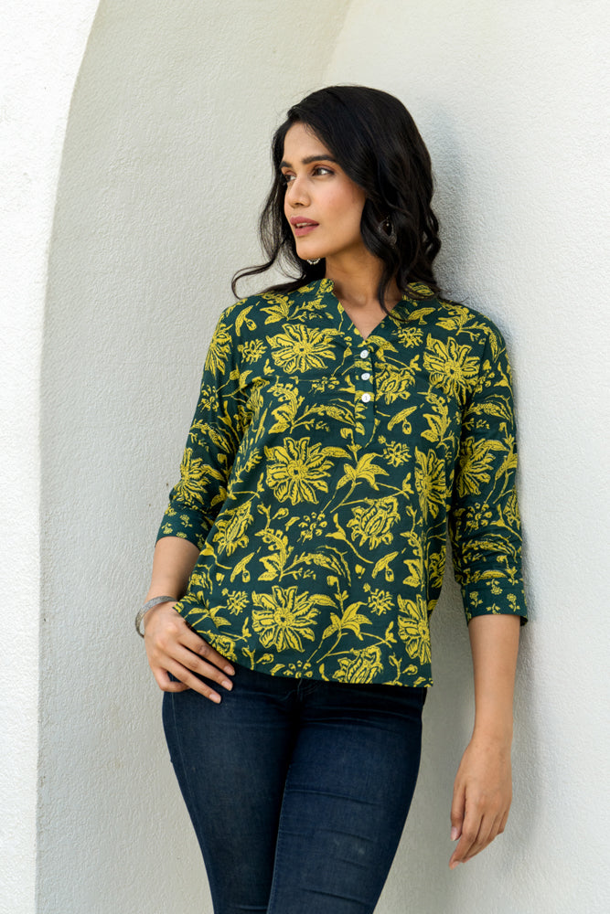 Bottle Green Floral Short Kurta