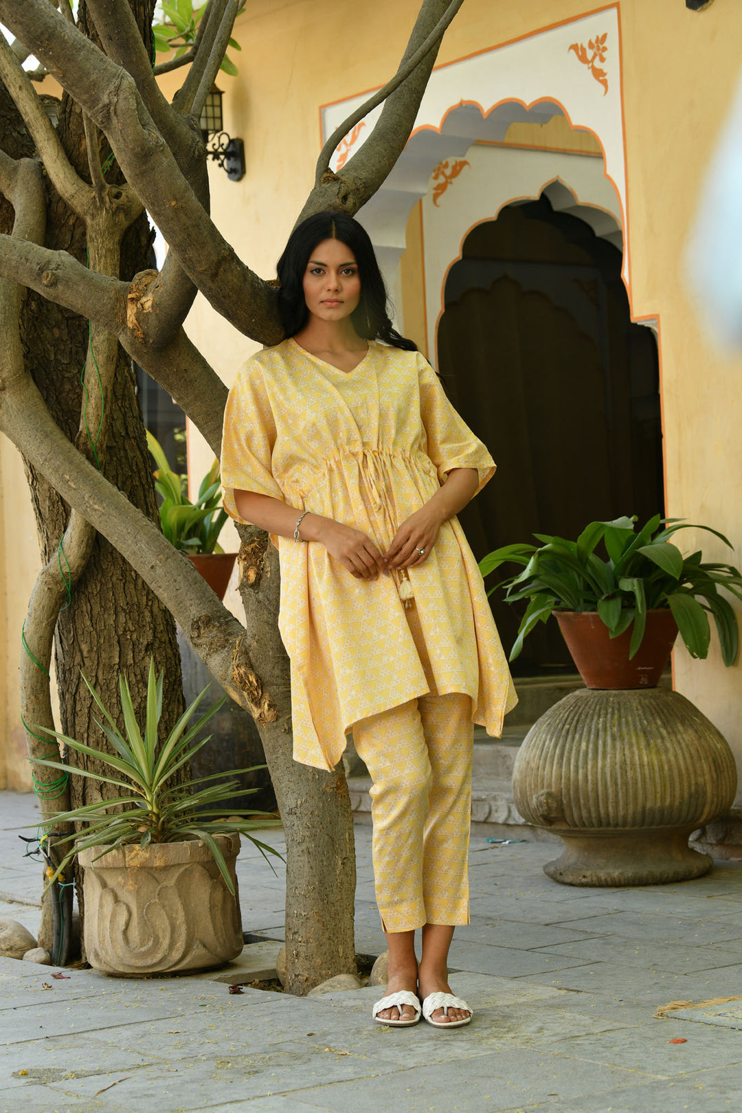 Pastel Yellow Triangle Kaftan Set