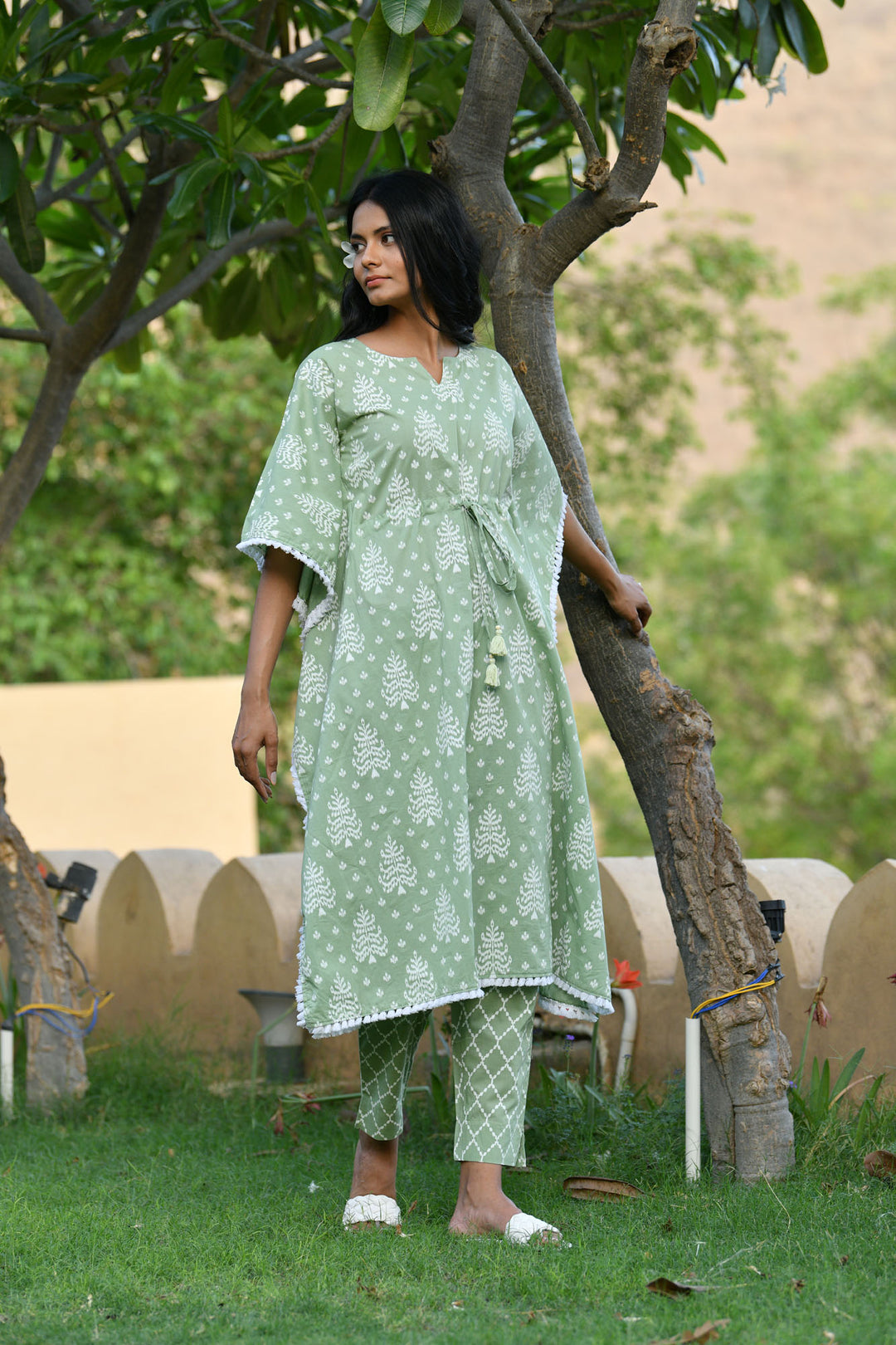 Pastel Green Checks Kaftan Set