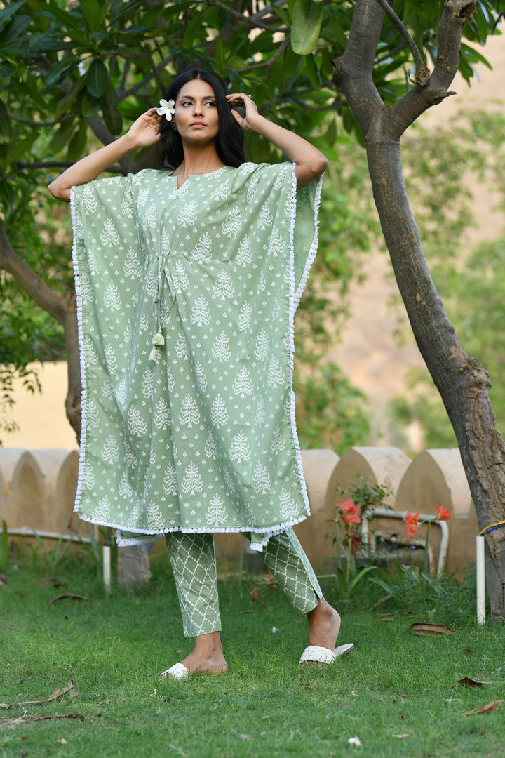 Pastel Green Checks Kaftan Set