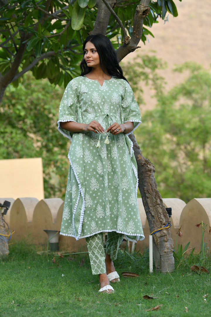 Pastel Green Checks Kaftan Set