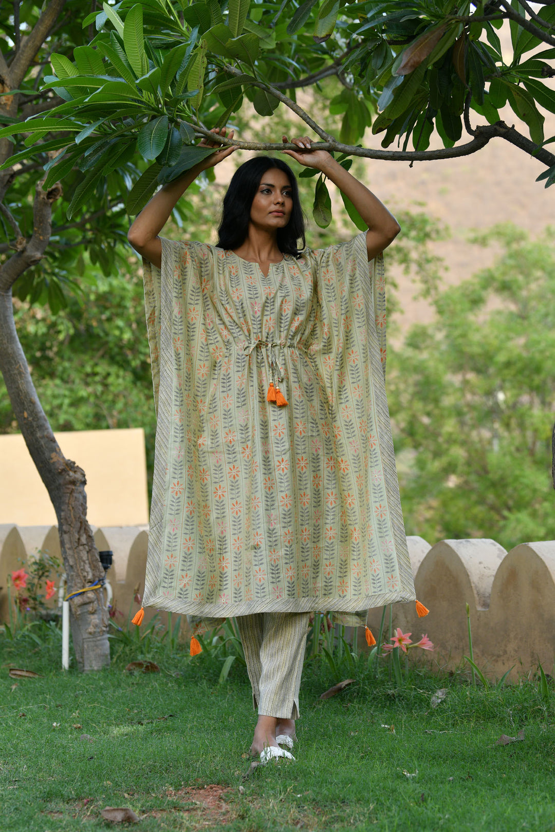Pastel Green Stripe Floral Kaftan Set