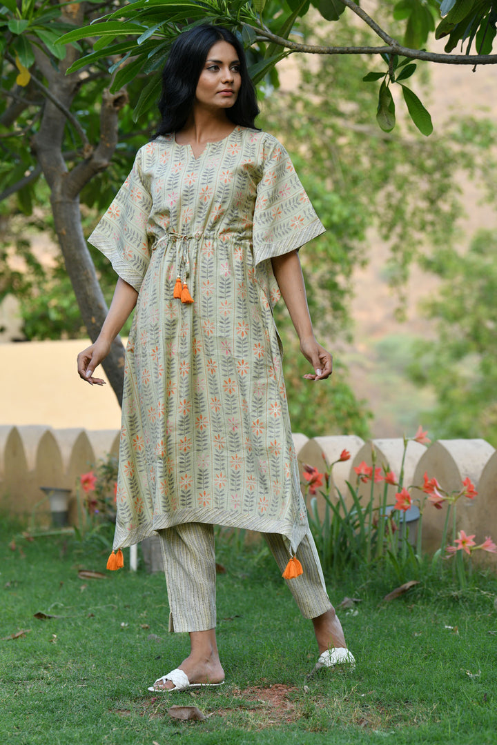 Pastel Green Stripe Floral Kaftan Set