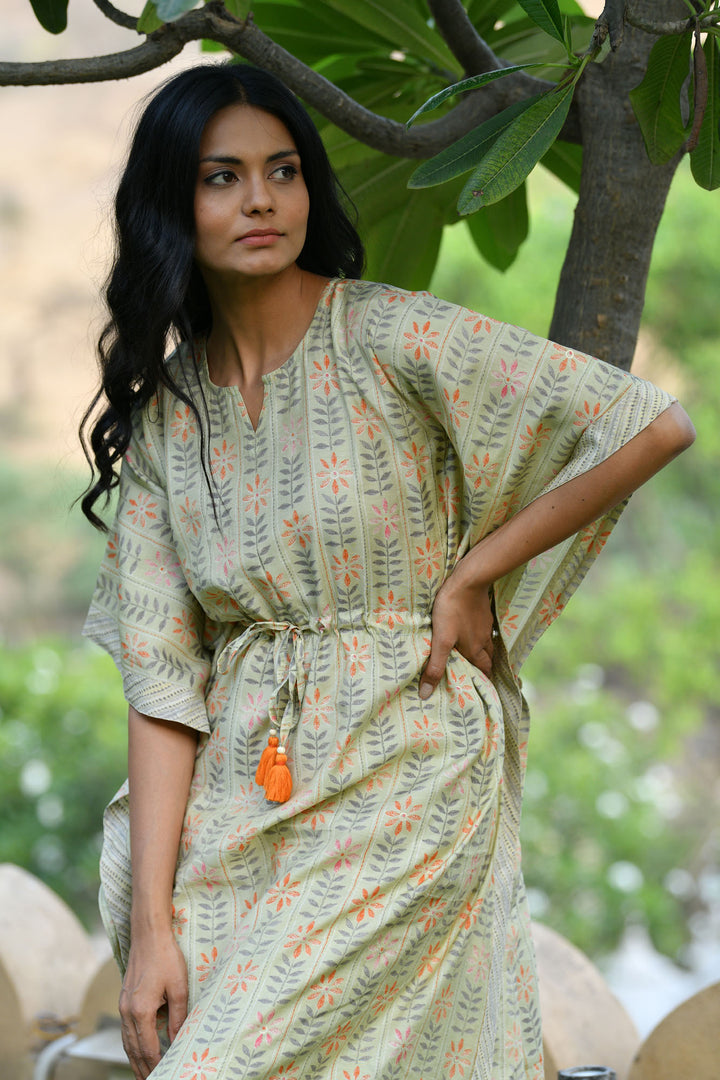 Pastel Green Stripe Floral Kaftan Set