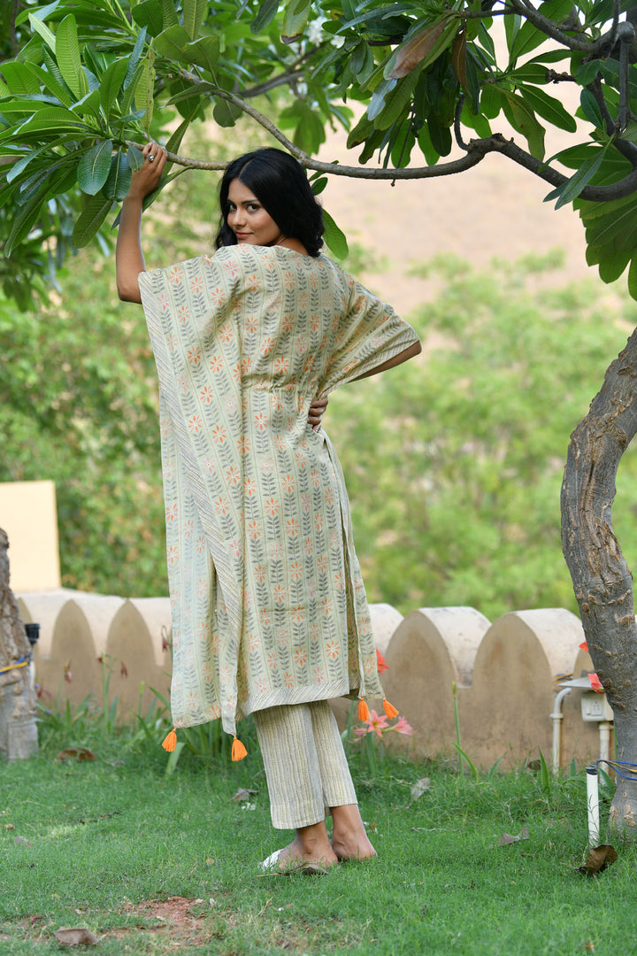 Pastel Green Stripe Floral Kaftan Set