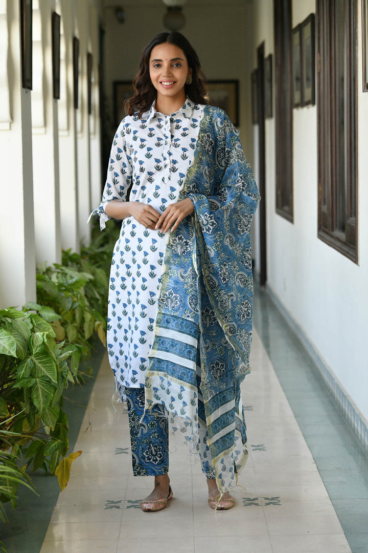 White Blue Buti Floral Set
