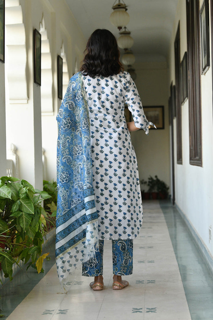 White Blue Buti Floral Set