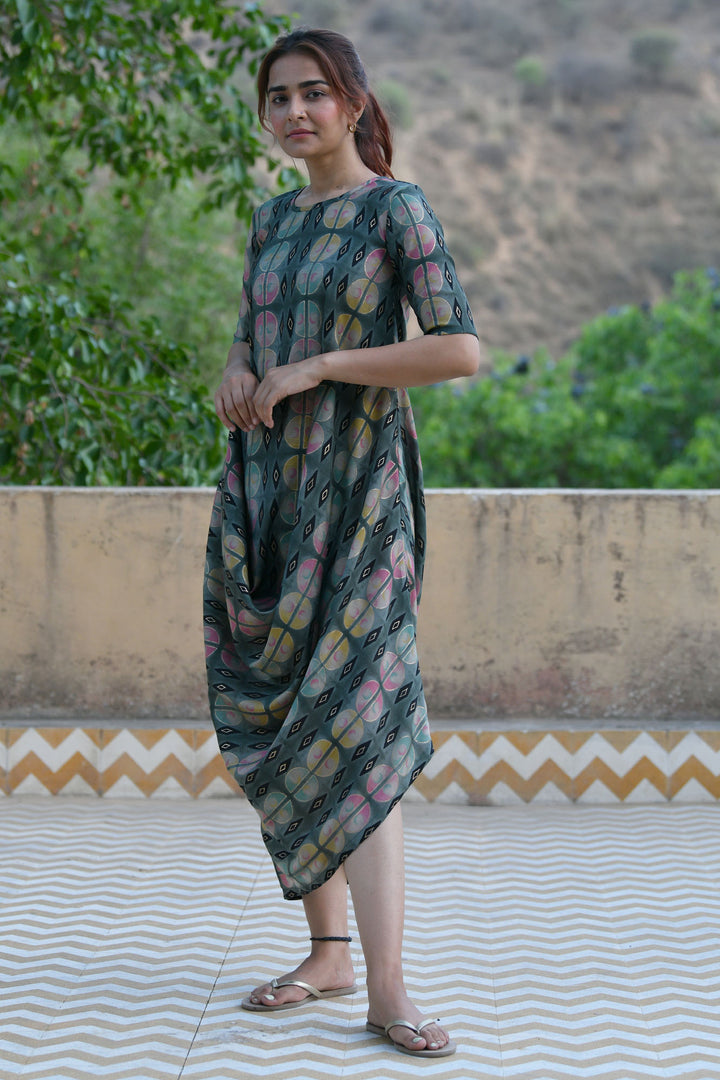 Pista Green Checks Cowl Dress
