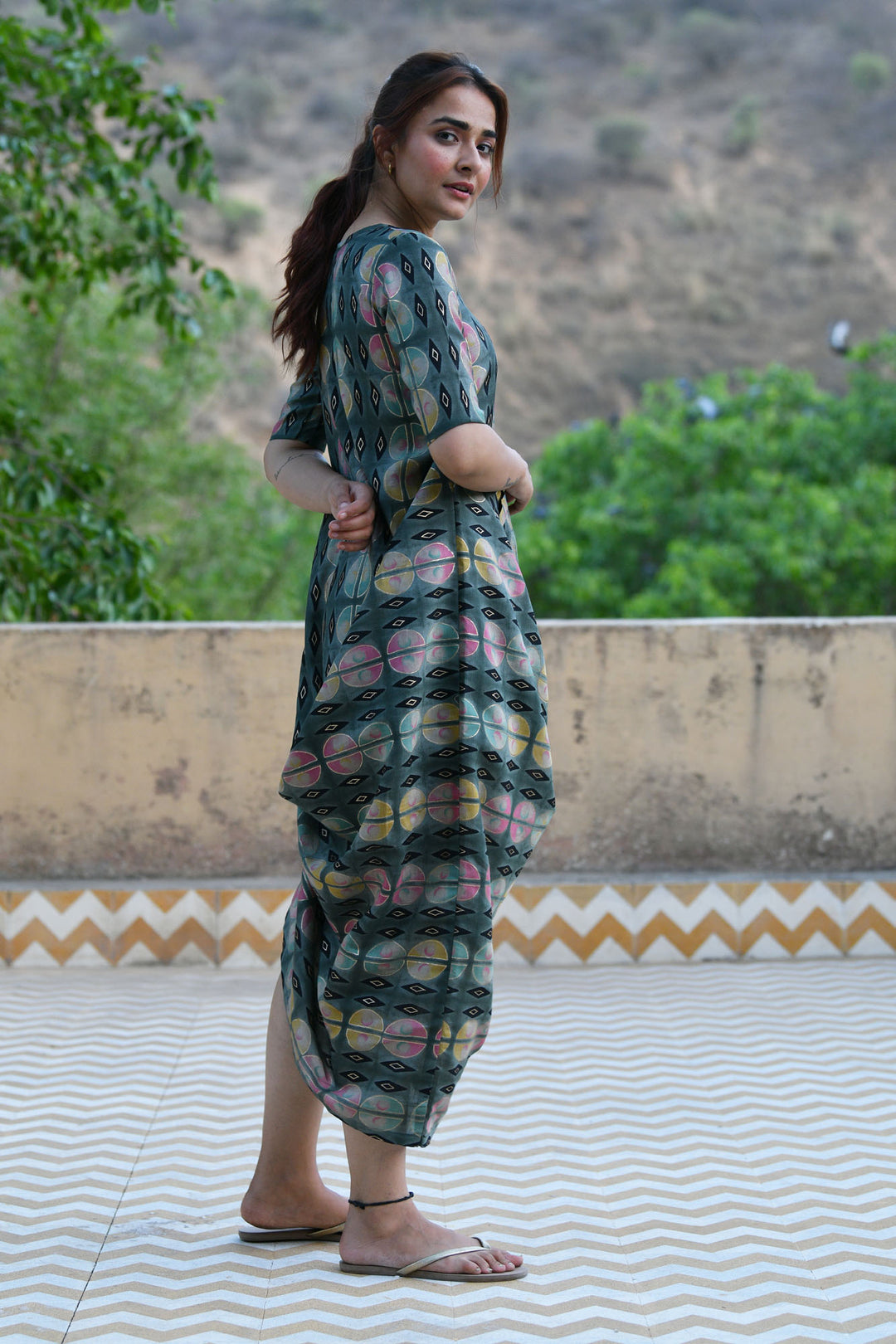 Pista Green Checks Cowl Dress