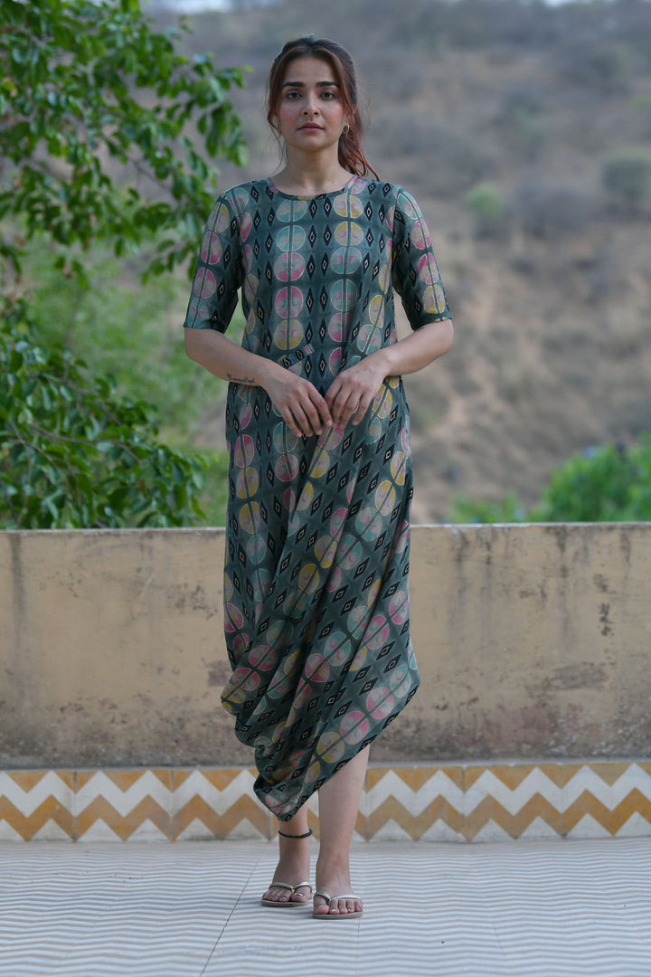 Pista Green Checks Cowl Dress