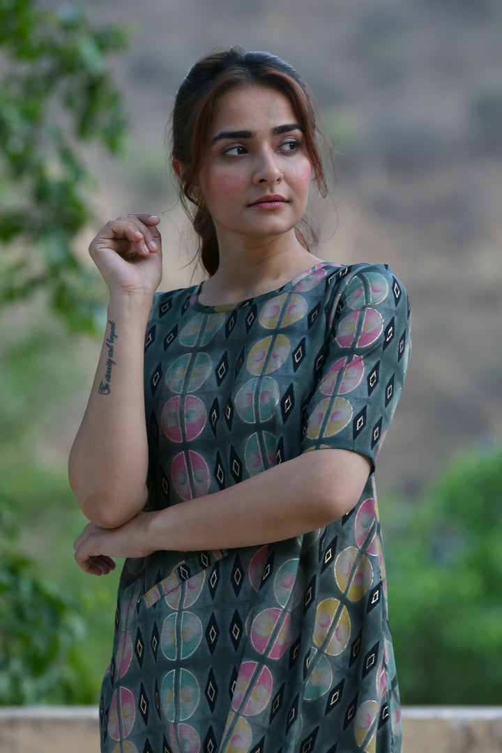 Pista Green Checks Cowl Dress
