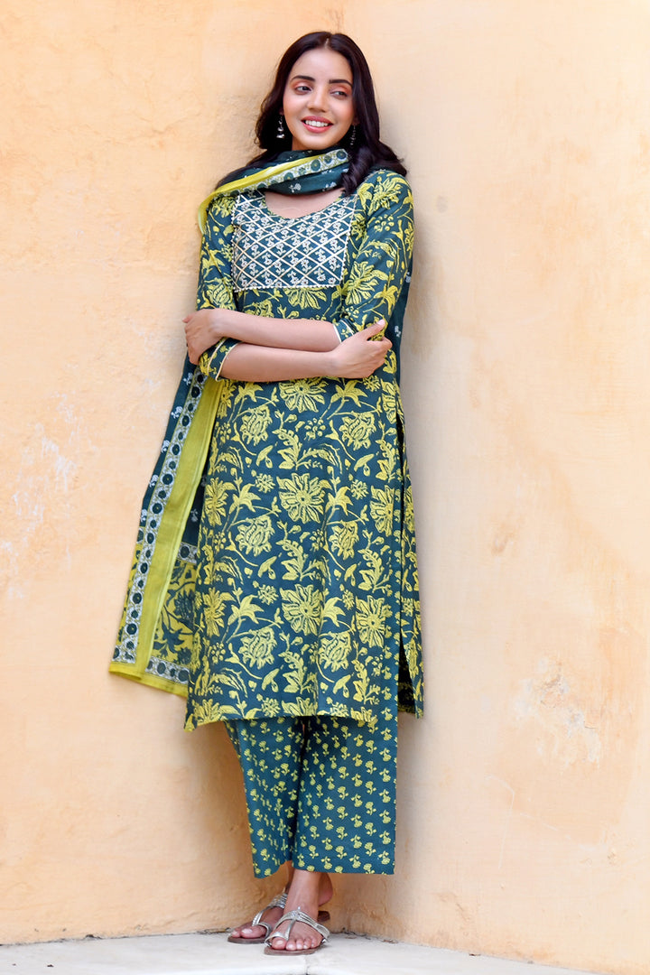 Bottle Green Yellow Buti Set with Dupatta