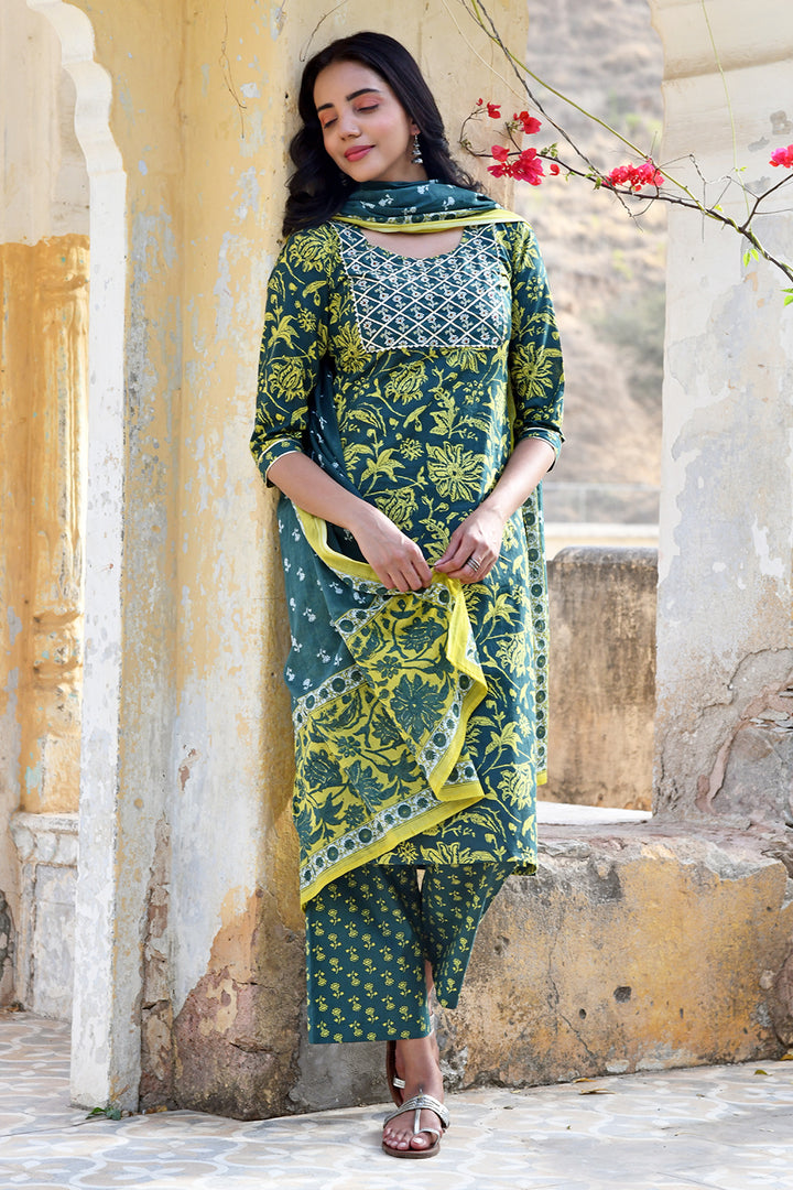 Bottle Green Yellow Buti Set with Dupatta