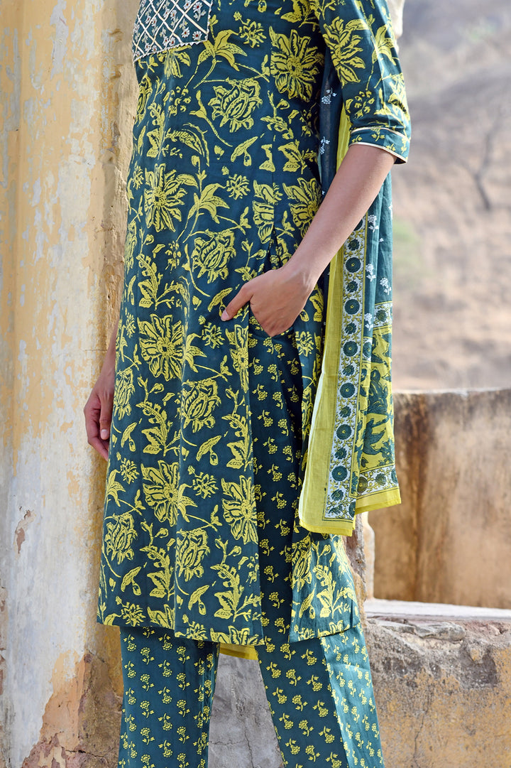 Bottle Green Yellow Buti Set with Dupatta