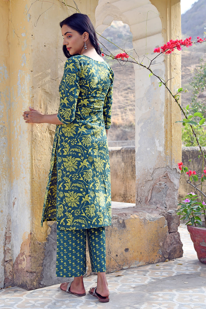 Bottle Green Yellow Buti Set with Dupatta